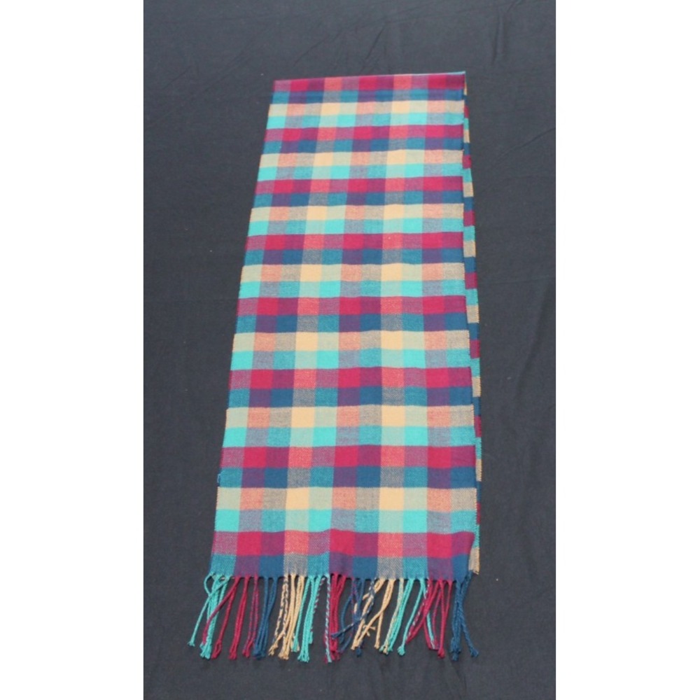 100% Cashmere Scarf Made In Scotland Plaid Fringe Teal Burgundy Tan 12x71